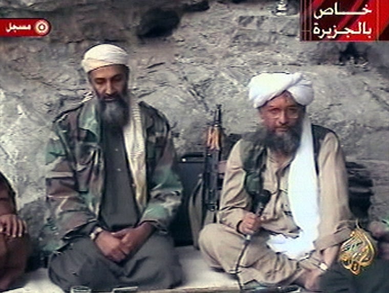 ADDS TRANSLATION OF SUPERIMPOSED GRAPHICS--Osama bin Laden, left, with his top lieutenant Egyptian Ayman al-Zawahri, is seen at an undisclosed location in this television image broadcast Sunday, Oct. 7, 2001. Bin Laden praised God for the Sept. 11 terrorist attacks and swore America \"will never dream of security\" until \"the infidel's armies leave the land of Muhammad,\" in a videotaped statement aired after the strike launched Sunday by the United States and Britain in Afghanistan. Graphic at top right reads \"Exclusive to Al-Jazeera.\" At bottom right is the station's logo which reads \"Al-Jazeera.\" At top left is \"recorded.\" (AP Photo/Al Jazeera)