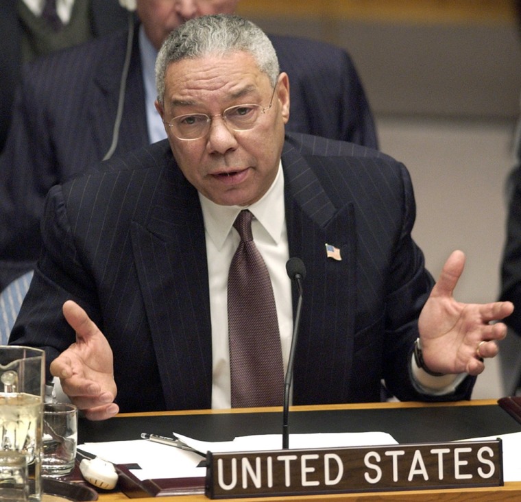 U.S. Secretary of State Colin Powell addresses a meeting of the United Nations Security Council concerning weapons inspections in Iraq, Friday, Feb. 14, 2003 at the U.N. headquarters. (AP Photo/Kathy Willens)