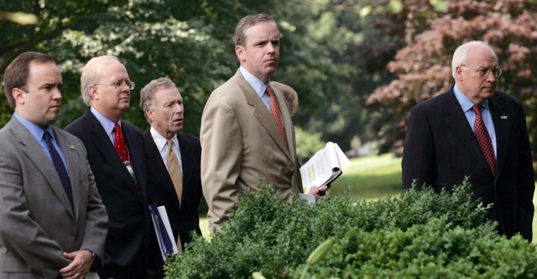 Scott McClellan with President Bush's senior staff, including Vice President Cheney in 2005.