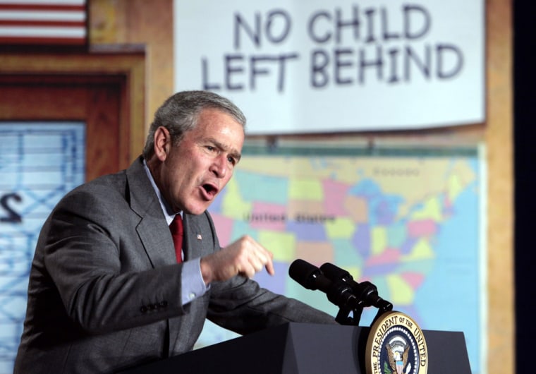 President Bush gestures during a speech at North Glen Elementary School on Monday, Jan. 9, 2006 in Glen Burnie, Md.  Bush is promoting the \"No Child Left Behind Act\" on its fourth anniversary.     (AP Photo/Evan Vucci)