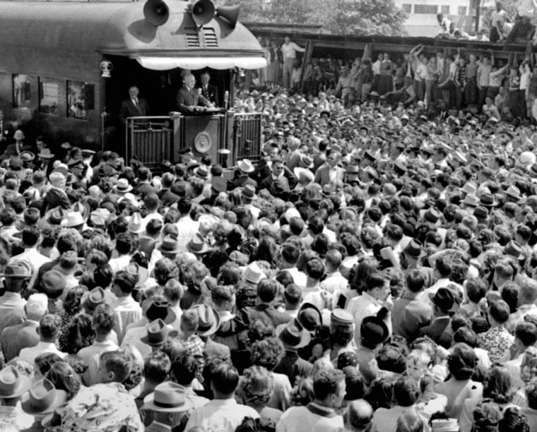 Campaigning President Harry S. Truman speaks to a Waco, Texas crowd from his train platform, September 27, 1948.  (AP Photo/stf)