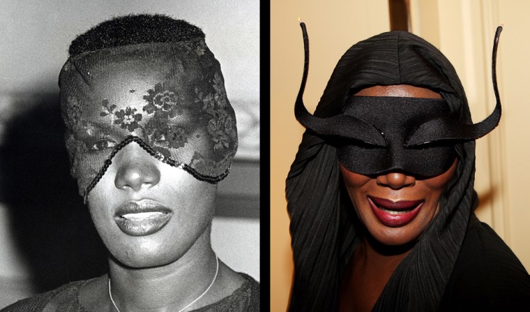 Left, Grace Jones 2/28/1979 at the 1978 Disco Convention Banquet.
Right,  Grace Jones poses with her Q Idol award at the Q awards 2008, held at Grosvenor House, Park Lane on October 06, 2008 in London, England.