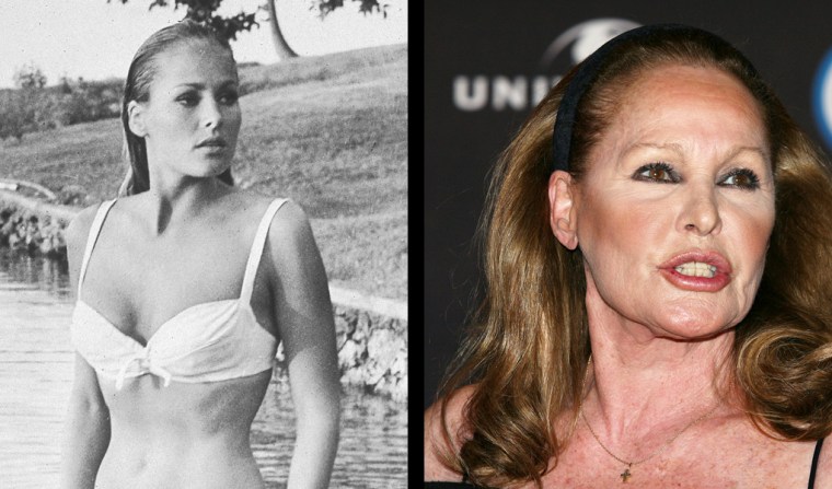 Then, Swiss actor Ursula Andress wears a bikini while standing in water near the shore in a still from the James Bond film, 'Doctor No,' directed by Terence Young in 1962. Now, Swiss actress Ursula Andress attends the 'Leatherheads' premiere at the Warner Cinema Moderno on April 10, 2008 in Rome, Italy.