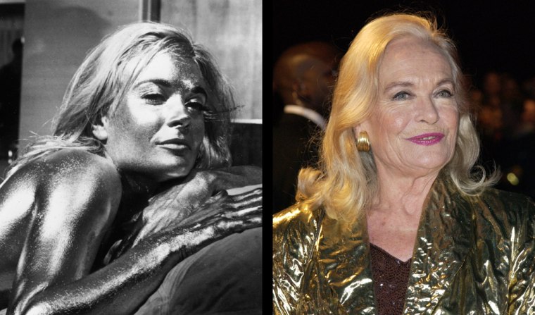 Then, English actress Shirley Eaton covered in gold in the James Bond film 'Goldfinger', directed by Guy Hamilton and starring Sean Connery. Now, Shirley Eaton at the \"Die Another Day\" London Premiere on 11/18/2002.