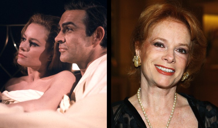 Then, Sean Connery and Luciana Paoluzzi in a scene from a James Bond film, 'Thunderball' in 1965.  Now, Actress Luciana Paluzzi attends the Beverly Hills Ball 50th Anniversary Gala and benefit on April 14, 2003 in Beverly Hills, California. (Photo by Vince Bucci/Getty Images)