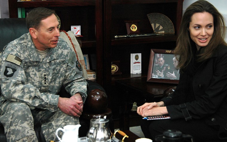 A picture released by the US military on February 8, 2008 shows Gen. David H. Petraeus (L), commander of Multi-National Forces-Iraq, meeting with actress Angelina Jolie (R), UN goodwill ambassador, in Baghdad on February 7, 2008. Jolie visited Iraq on a humanitarian mission today and met top officials to demand help for people displaced by the war.  AFP PHOTO/HO/Staff Sgt. Lorie Jewel (Photo credit should read Staff Sgt. Lorie Jewel/AFP/Getty Images)