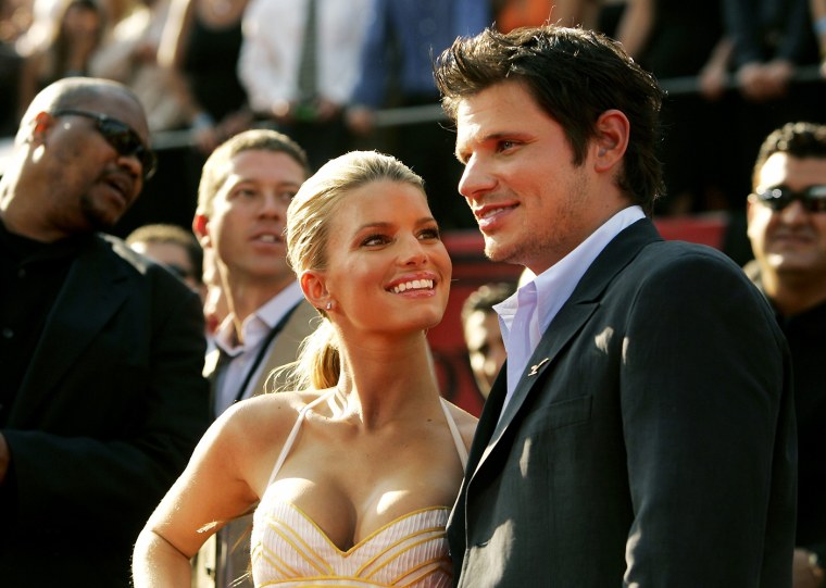 Jessica Simpson and Nick Lachey pose at the 13th annual ESPY Awards in Hollywood