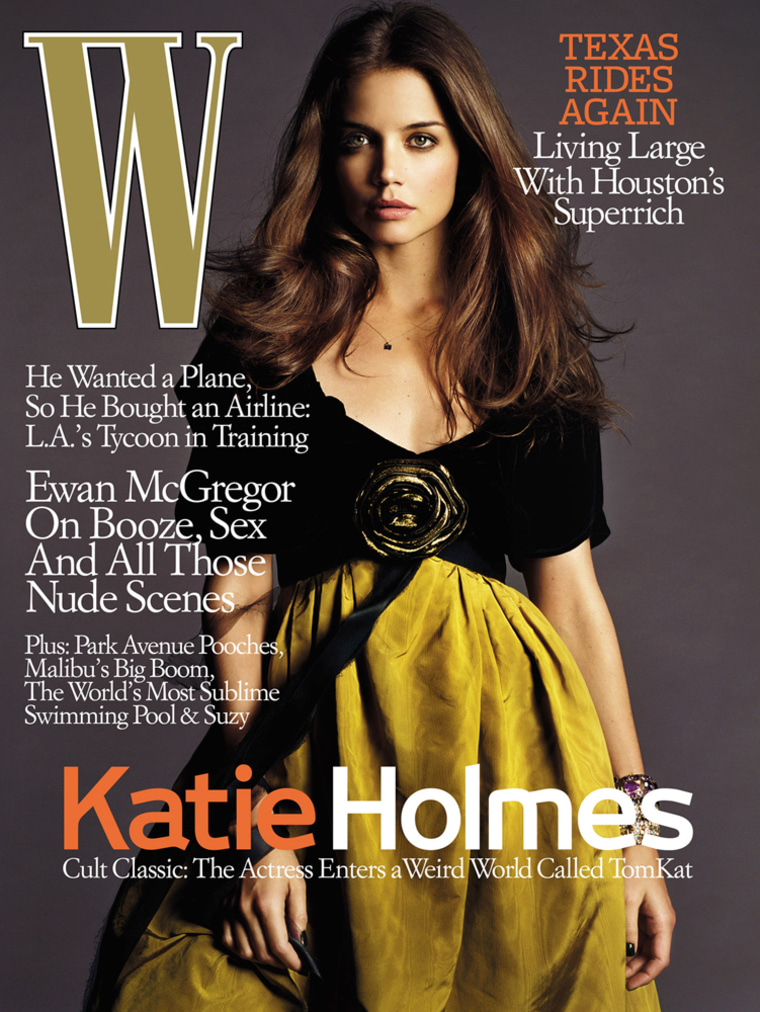In this image made available July 8, 2005 by W Magazine, Katie Holmes in shown on the cover of its August 2005 issue. Holmes appears in the magazine posing in a Commes des Garcons wedding dress and continuing to gush about her fiance. The couple, who went public with their relationship in April, haven't announced a date for their marriage.  (AP Photo/W Magazine)