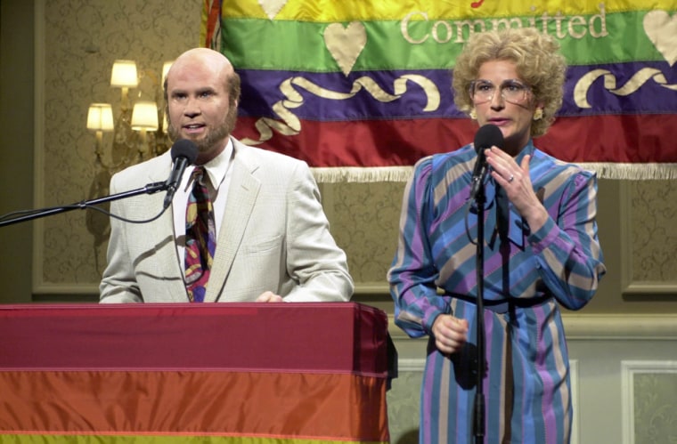 SATURDAY NIGHT LIVE -- NBC Late Night -- Host: Reese Witherspoon -- Pictured (r-l): Ana Gasteyer and Will Ferrell as musical middle school teachers Bobbi Moughan Culp and Marty Culp \"funk up\" a same-sex commitment ceremony. -- NBC Photo: Mary Ellen Matthews