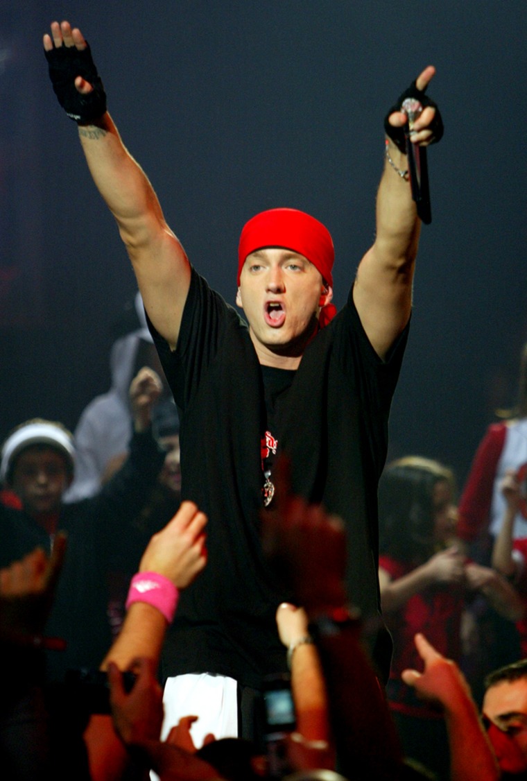 US rapper Eminem performs at the MTV Europe Music Awards 2004 ceremony in Rome, Thursday, Nov. 18, 2004. (AP Photo/Andrew Medichini)