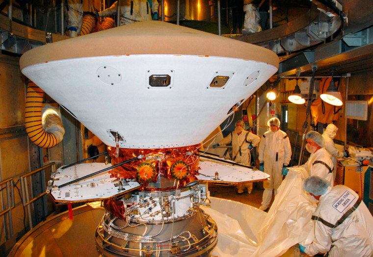 NASA's Phoenix Mars Lander is shown inside the mobile service tower of Launch Pad 17-A in Florida