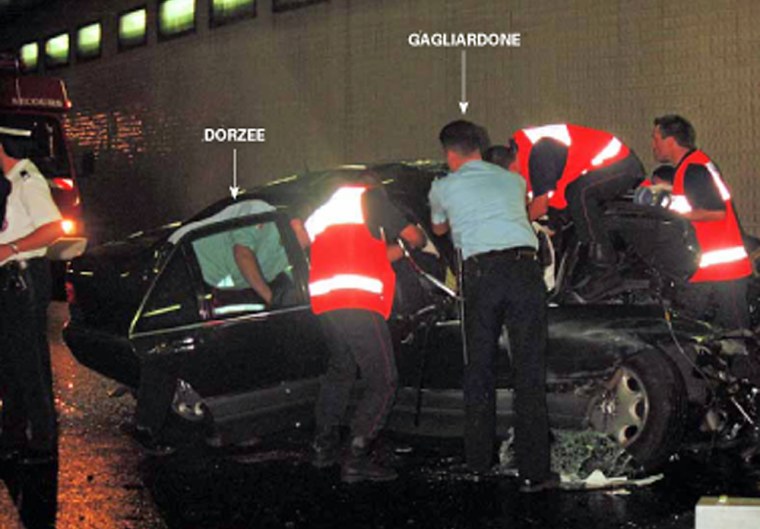 A handout image obtained in London, 03 October 2007, from the coroner Lord Justice Scott Baker, shows emergency services personnel attending to the wreckage of the Mercedes carrying Diana, Princess of Wales and Dodi Al Fayed in a Paris underpass in August 1997. Eleven jurors were selected Tuesday 02 October 2007, to decide if there is any truth to claims that Britain's royal family ordered the murder of Princess Diana, as a formal inquest into her death in 1997 finally opened. AFP PHOTO/VERES/SCOTT BAKER INQUEST   **** RESTRICTED FOR EDITORIAL USE **** NO SALES **** (Photo credit should read VERES/SCOTT BAKER INQUEST/AFP/Getty Images)