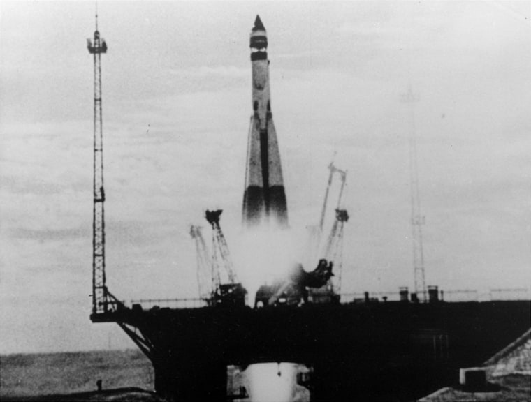 A Soviet R-7 rocket lifts off from the Baikonur Cosmodrome in Kazakhstan, sending Sputnik into orbit and kicking off the space age. This view comes from a 1967 documentary film titled "Ten Years of the Space Age."