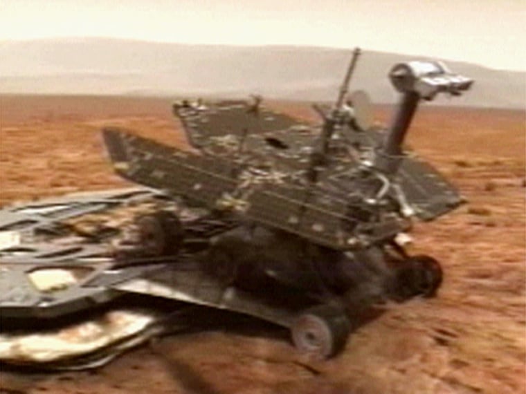 An artist conception of the Spirit rover rolling off of it's landing platform.