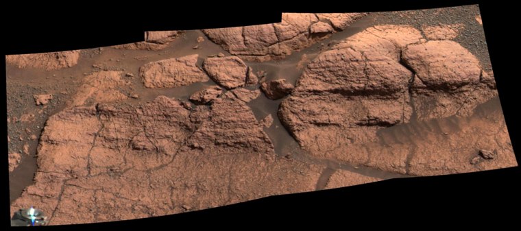A panoramic picture of the outcropping known as El Capitan, snapped by the Opportunity rover, shows fine layering that hints at a sedimentary process. The rover team says such features were created by the action of water. Other scientists suggest that volcanic activity or a meteor impact might have caused the layering.