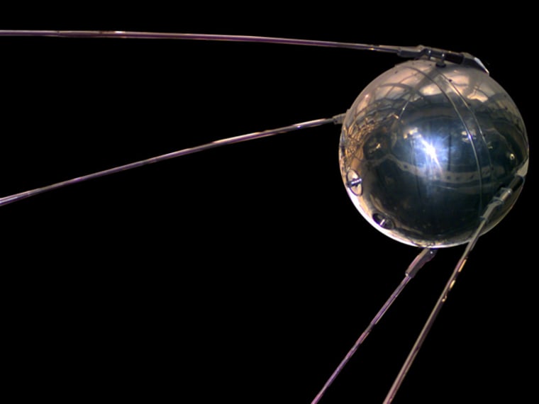 A Sputnik replica has the same unassuming look as the original — a 2-foot-wide sphere of polished aluminum alloy with four antennas.