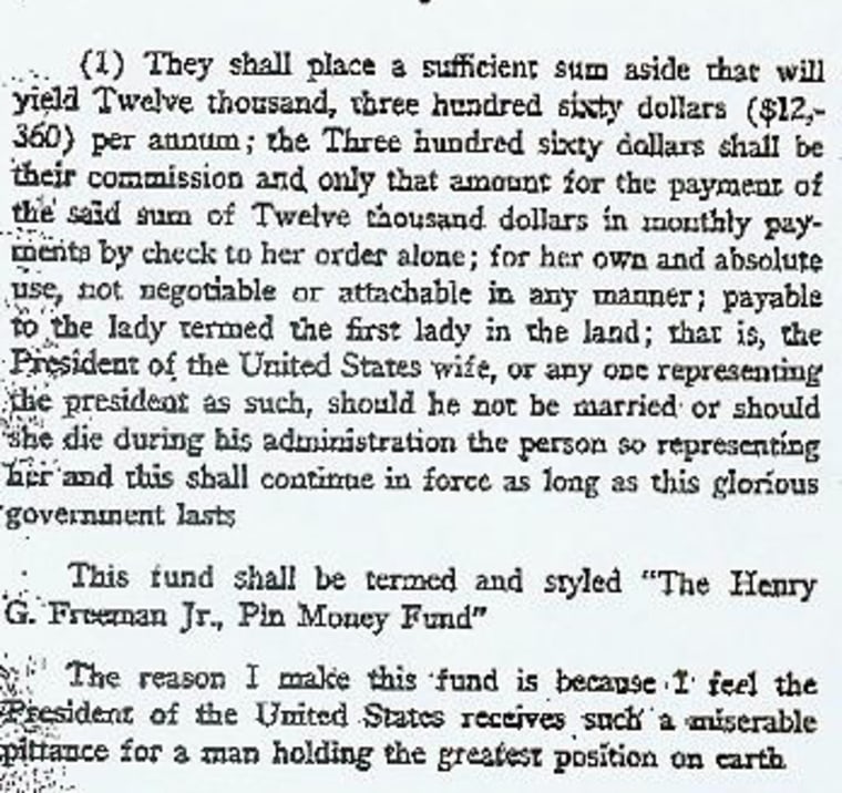 Excerpt from will of Henry G. Freeman Jr., establishing a $12,000 trust for the first lady.