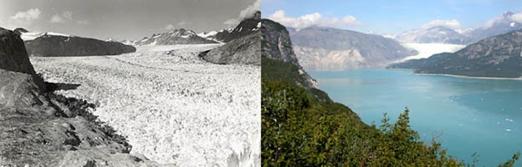 Receding: The Muir Glacier in Alaska, as it was in 1941 (left) and in 2004