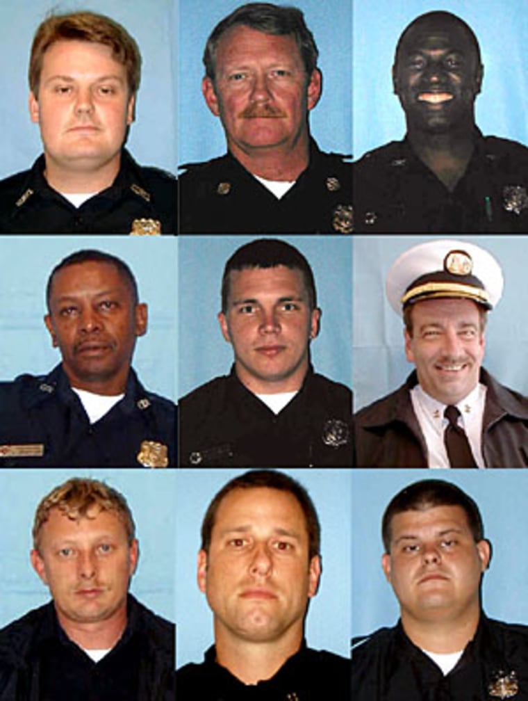 Nine firefighters lost their lives in the Charleston blaze. Top row, from left: Bradford \"Brad\" Baity, Capt. Mike Benke, Melvin Champaign. Middle row: James \"Earl\" Drayton, Michael French, Capt. William \"Billy\" Hutchinson. Bottom row: Mark Kelsey, Capt. Louis Mulkey, Brandon Thompson.