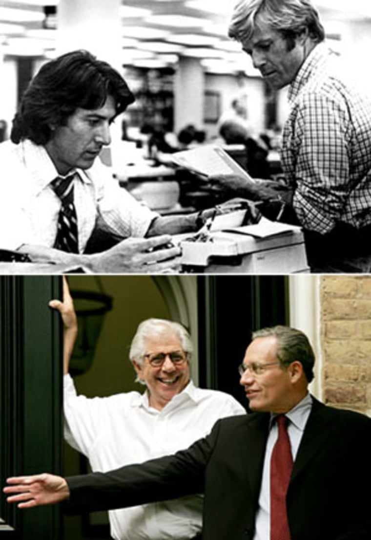 Bright lights: Hoffman and Redford portray reporters in a newsroom cast as a beacon of truth (top); Woodward and Bernstein (bottom) reunite in Washington after Deep Throat's identity was revealed