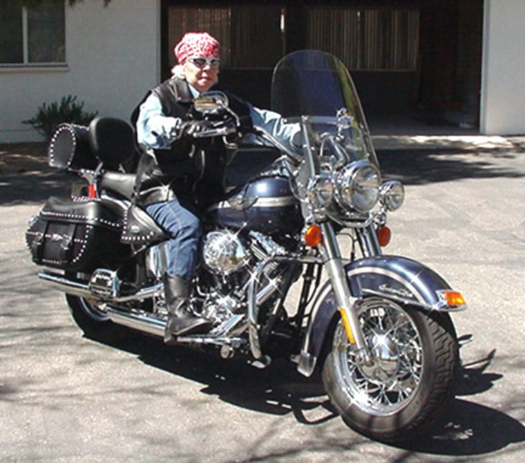 My 86 year old mother Giny living a \"Biker Gal\" fantasy.