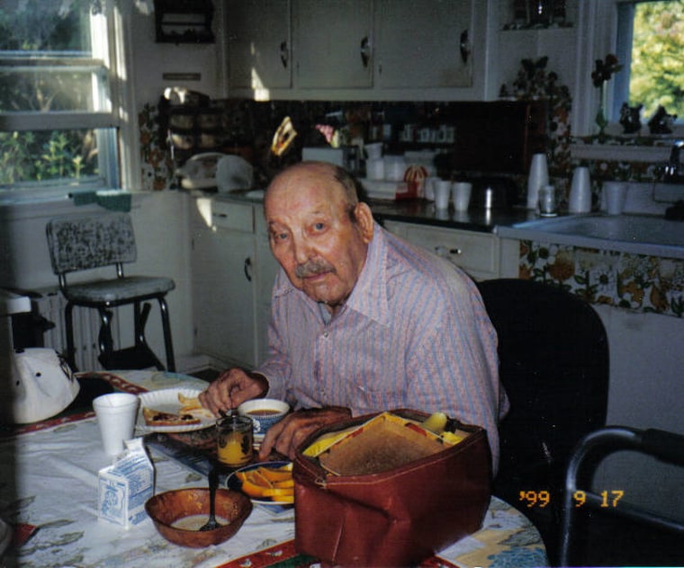 Grandpa - eating healthy breakfast, ready to shave after eating, and his 'cap' on table until he finishes his morning projects.  Then the cap goes on until lunch timel.  88 years old in this picture and able to live in his own home in Wico Location, Wakefield MI.