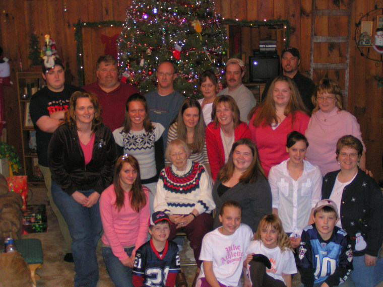 This is my grandmother with most of her grandchildren and great-grandchildren this past christmas.  I have the blue snowman sweater on, off to the right side of the picture.