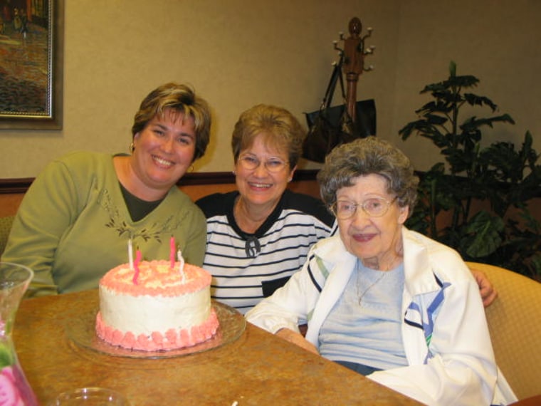 This picture is my mom at her birthday party at the retirement facility - that's me and one of my daughters with her.