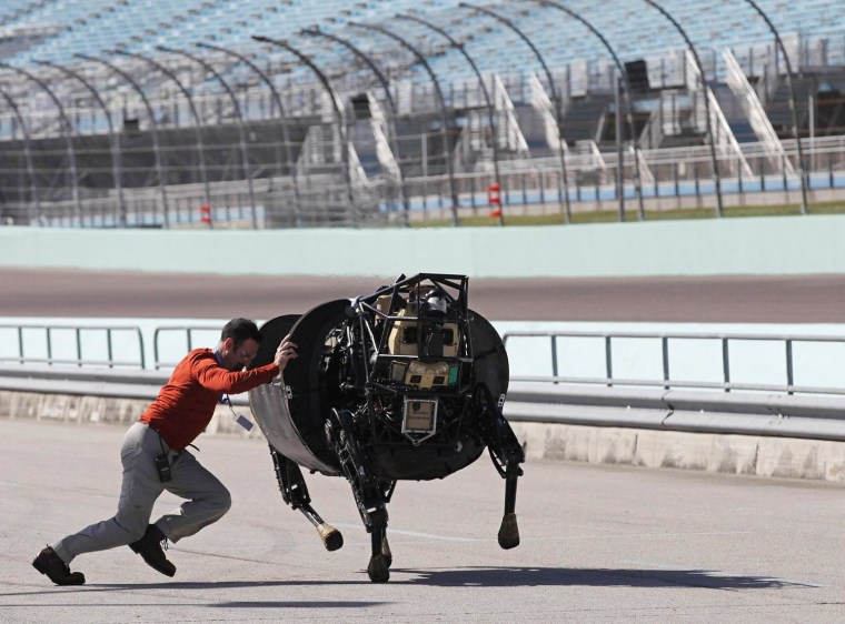 Image: A team member shoves an LS 3 robot that was galloping off course, back on track, during demonstration in Homestead, Florida