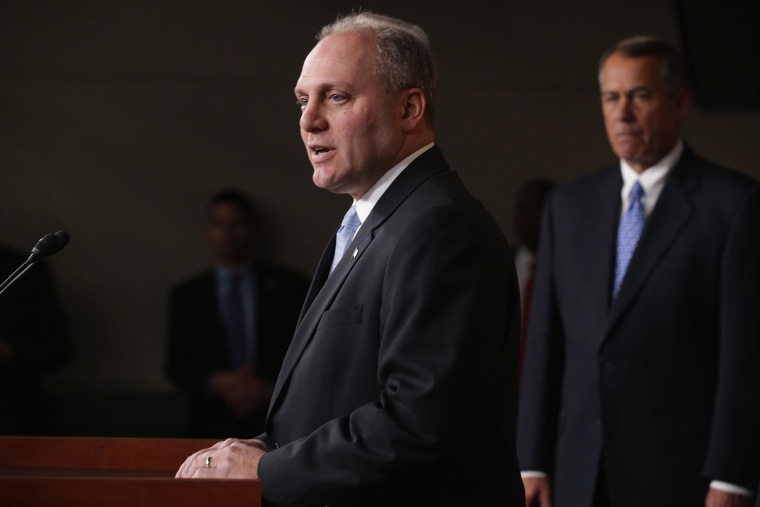 WASHINGTON, DC - NOVEMBER 13:  U.S. House Majority Whip Steve Scalise (R-LA)  joins House Speaker John Boehner (R-OH) (C) and other members of the newly-elected House Republican leadership team for a news conference at the U.S. Capitol November 13, 2014 in Washington, DC. Fortified by last week's midterm election success, Boehner announced that the House will take up legislation about the Keystone XL pipeline this week and will continue to push back against President Barack Obama's executive actions.  (Photo by Chip Somodevilla/Getty Images)