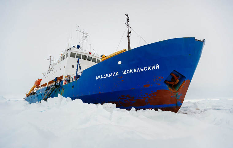 Image: The Russian ship MV Akademik Shokalskiy trapped in the ice at sea off Antarctica.
