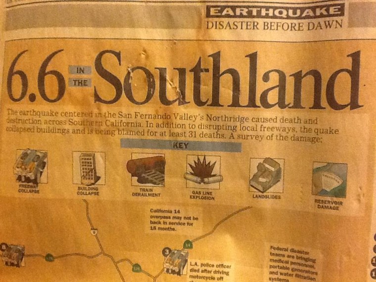 A newspaper clipping from the 1994 Northridge earthquake.