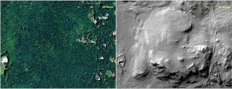 Here, an abandoned farmstead in Preston, Conn., is hidden from view in this 2012 aerial photograph and only visible in the LiDAR scan of the area from 2010 (right).