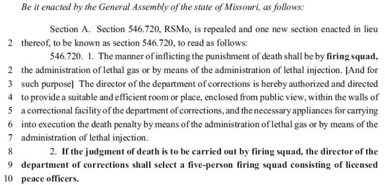 Image: A bill introduced in the Missouri state House proposes using firing squads for executions