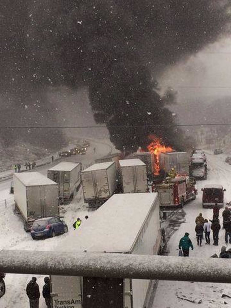 Image: Semitrailers pile up on Interstate 65 in Lafayette, Ind.