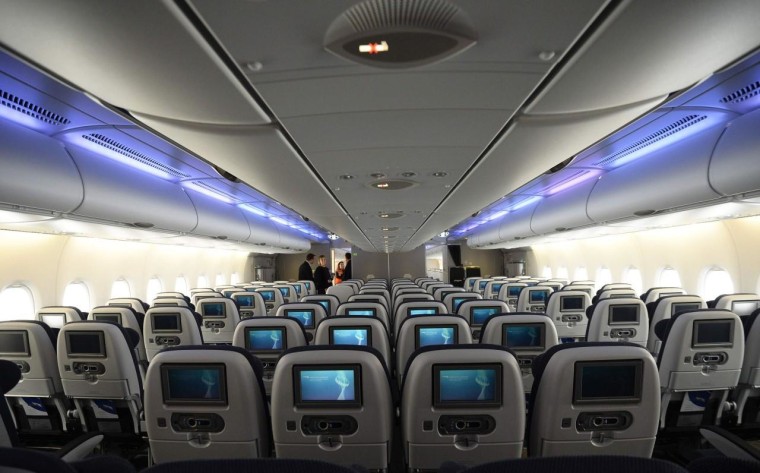 A world traveller cabin is seen in the British Airways Airbus A380 at Heathrow airport in London