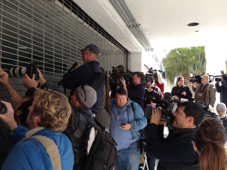 Media awaiting the transfer of singer Justin Bieber outside the Miami Beach Police Department