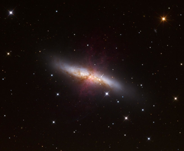 An astrophotograph from Adam Block, taken at the University of Arizona's Mount Lemmon SkyCenter, shows the galaxy M82 with the newly discovered supernova indicated by a white arrow.
