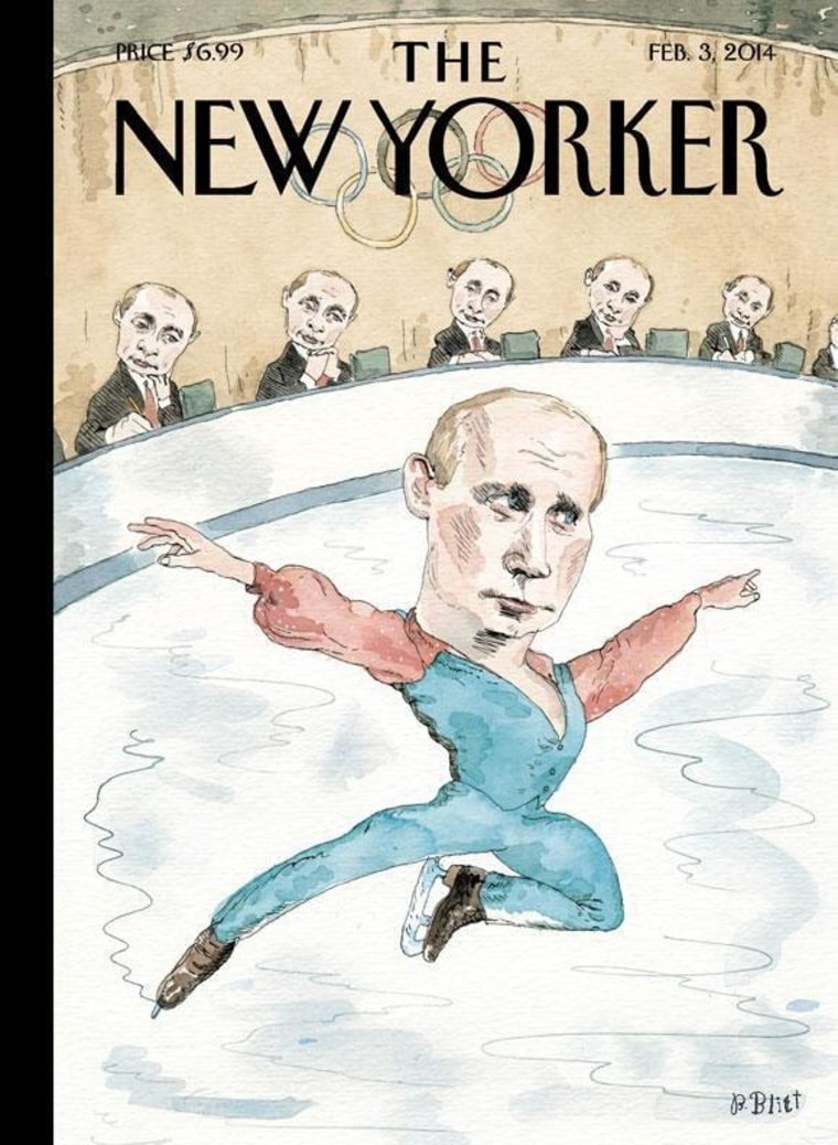 The New Yorker Magazine cover for the Feb. 3, 2014 edition shows Russian President Vladimir Putin figure skating.