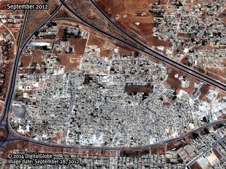 A satellite image dated September 2012 shows the Masha' al-Arb'een neighborhood in Hama, Syria.