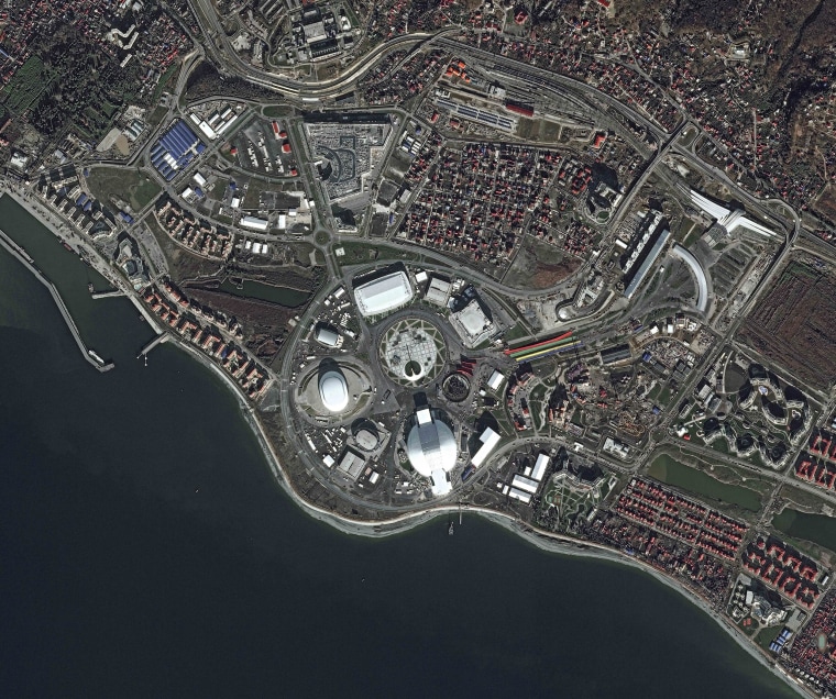 A satellite view, released by Airbus Defence and Space, of the Olympic Park in the Russian Black Sea resort of Sochi. The Olympic Park will be able to accommodate about 75,000 visitors when full, and all the ice arenas will be within walking distance of one other. Sochi will host the 2014 Winter Olympics that start on Feb. 7.