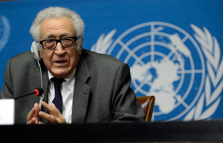 Image: UN-Arab League Special envoy for Syria, Lakhdar Brahimi, speaks during a press conference after a round of the negotiation at the European headquarters of the United Nations, in Geneva, Switzerland