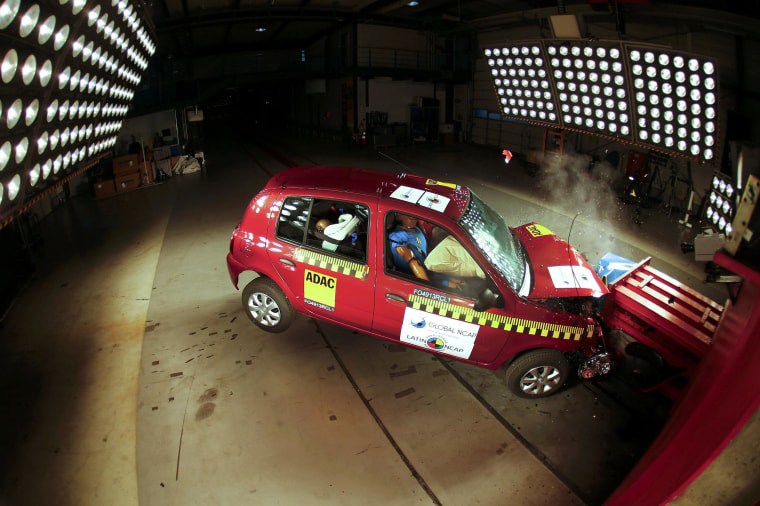 Image: A car is frontal-crashing during a test at the laboratory of the German motor club ADAC in Landsberg am Lech