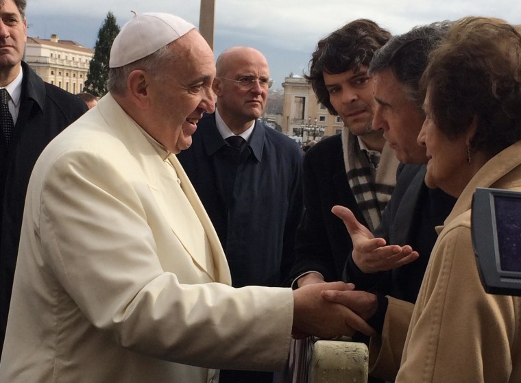 Pope Francis meeting Philomena Lee in St. Peter's Square on Wednesday.