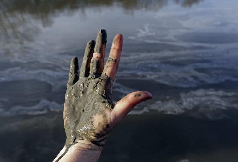 Image: Amy Adams, North Carolina campaign coordinator with Appalachian Voices, shows her hand covered with wet coal ash