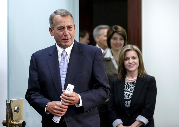 Image: House Speaker John Boehner of Ohio, left, followed by Rep. Lynn Jenkins, R-Kansas, and  Rep. Cathy McMorris Rodgers, R-Wash., and House Majority Whip Kevin McCarthy of Calif.