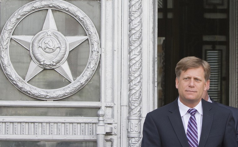 The U.S. Ambassador to Russia Michael McFaul leaves Foreign Ministry headquarters in Moscow, Russia, Wednesday, May 15, 2013. McFaul  has been summoned by the Russian foreign ministry in connection with an alleged spy detention in Moscow. He entered the ministry's building in central Moscow Wednesday morning and left half an hour later without saying a word to journalists waiting outside the compound.  (AP Photo/Misha Japaridze)