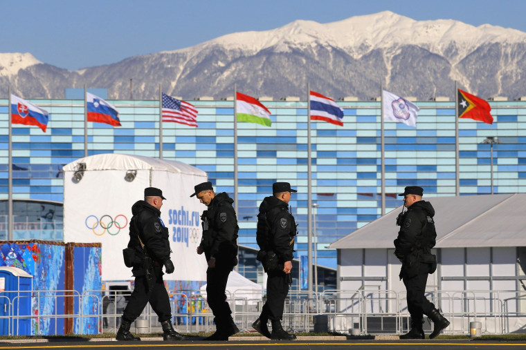 Security personnel patrol the Olympic Park at the 2014 Sochi  Winter Olympic Games February 3, 2014. Sochi will host the 2014 Winter Olympic Games from Feb. 7 to Feb. 23.