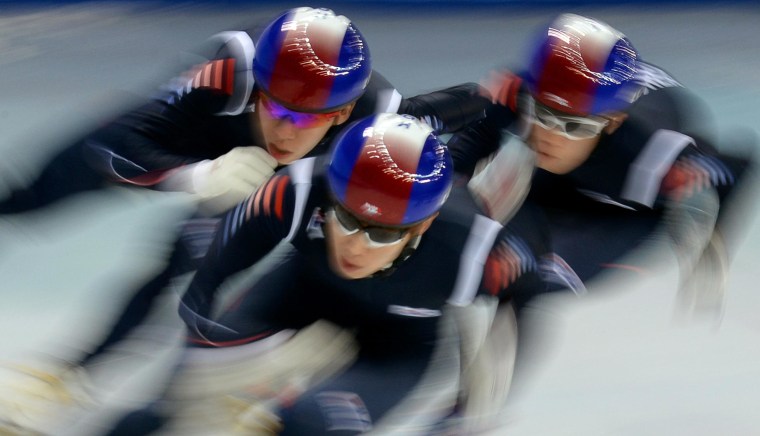 Image: South Korea's short track team practices during a training session