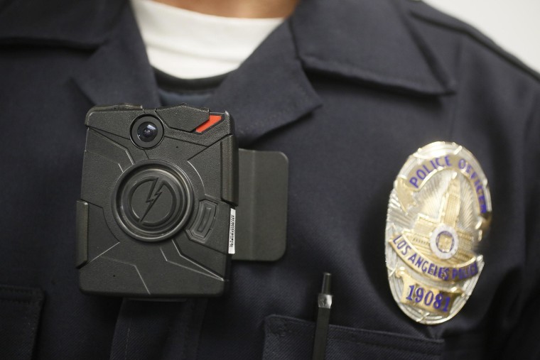 Image: A Los Angeles police officer wears an on-body camera